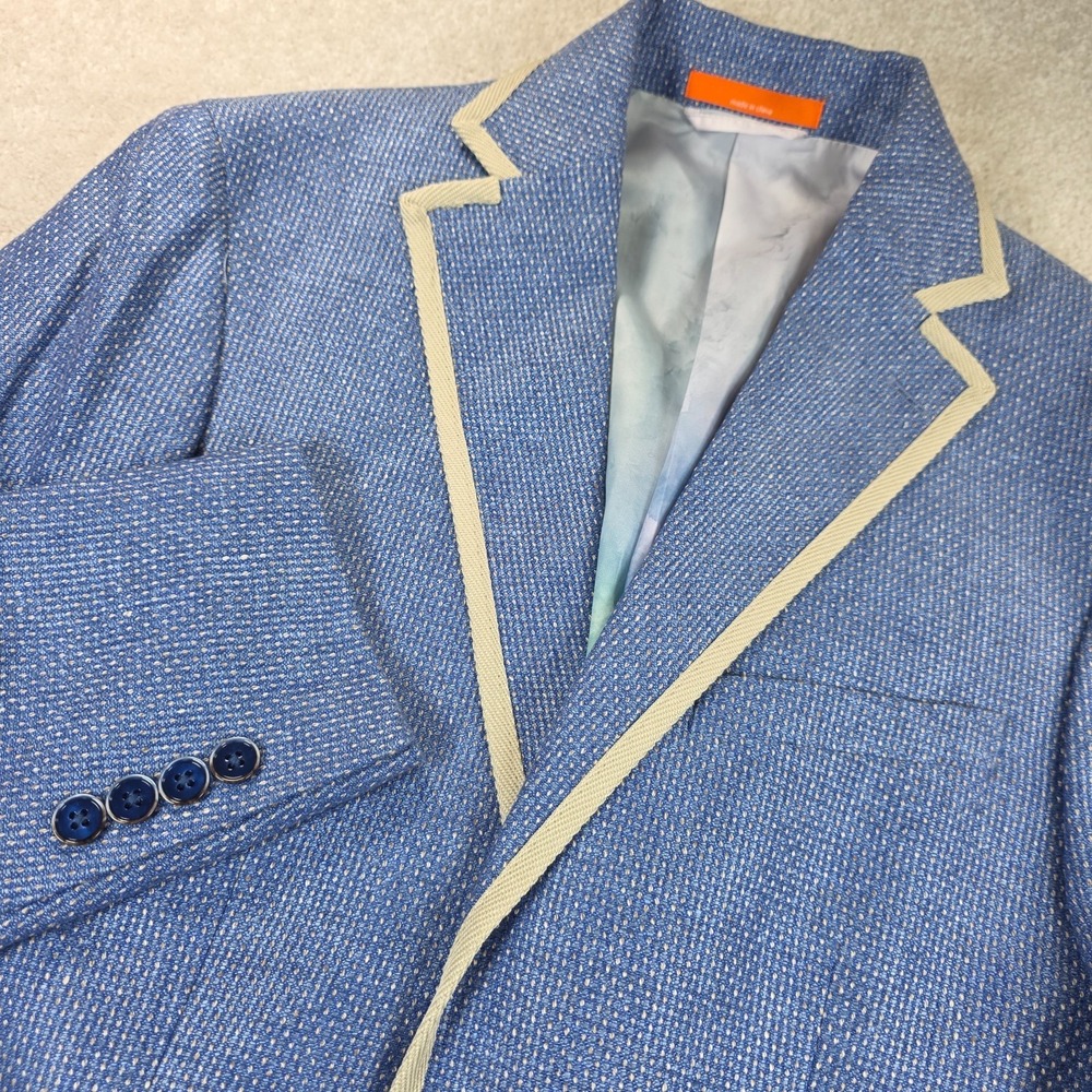 Tallia Sport Coat Mens 36R Blue 100% Linen Notch Lapel Contrast Trim Blazer 2Btn